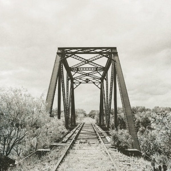 Texas Railroad, Train Tracks, Bridge, Nature Photography, Black and White  Photo, Print Texas Decor, Landscape, Rusty Old Metal Bridge