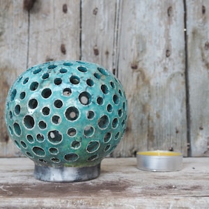 Raku Ceramic Lamp - Table Ceramic Lantern - Candle Holder - Japanese Style - Turquoise - Handmade