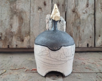 Raku Ceramic Sculptures - Rio Bo n.6 - Ceramic Container with Lid - Little Village with Houses and Cypress