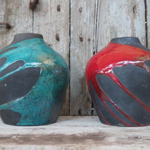 Raku Keramik Vase - Blumenvase - Japanischer Stil - Ikebana - Türkis und Rot - Handgefertigt