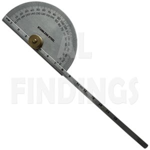 May include: A stainless steel protractor with a brass screw and a ruler arm. The protractor has degree markings from 0 to 180. The text "STAINLESS STEEL" is visible on the protractor.