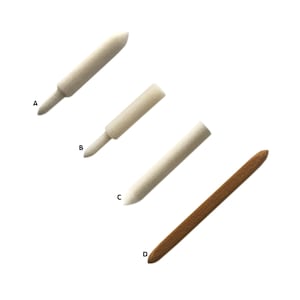 May include: Four different types of wooden craft sticks with pointed ends. The sticks are labelled A, B, C, and D. Stick D is brown, while the other three are white.