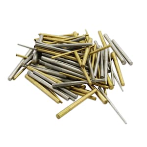 May include: A pile of mixed metal rods, some are gold and some are silver. The rods are all different lengths and are arranged in a random pattern.