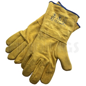 May include: A pair of yellow leather welding gloves with blue stitching and a label that reads "EN 388 4141X", "CE", "CAT II", "10", "SIZE 10", "PROTECTIVE GLOVES", and "MADE IN CHINA".