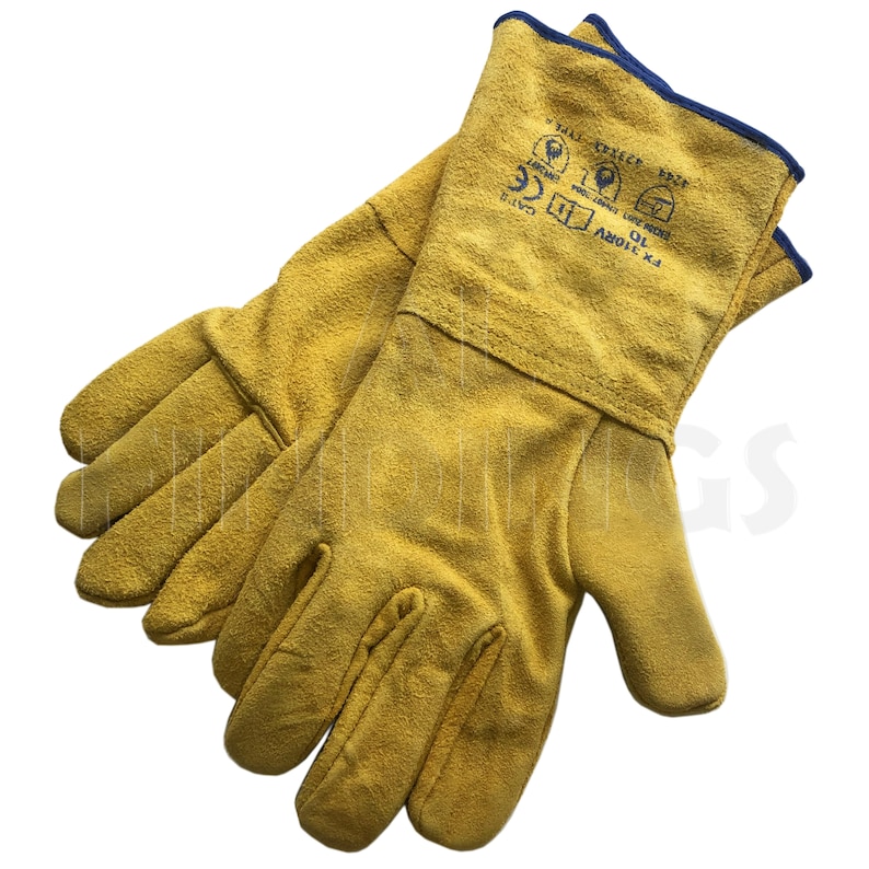 May include: A pair of yellow leather welding gloves with blue stitching and a label that reads "EN 388 4141X", "CE", "CAT II", "10", "SIZE 10", "PROTECTIVE GLOVES", and "MADE IN CHINA".