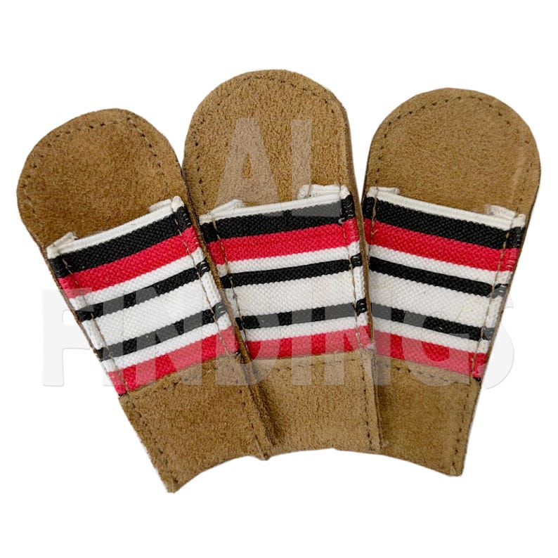 May include: Three brown leather finger protectors with a striped red, black, and white fabric band. The protectors are designed to shield fingers. The image is against a white background.