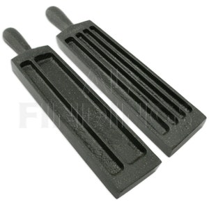 May include: Two black cast iron moulds with wooden handles. The moulds have multiple rectangular cavities for casting metal bars.