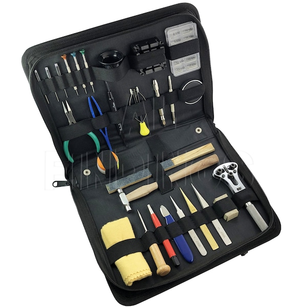 Kit di attrezzi premium per orologiai, per la riparazione di orologi, con apri fondello, estrattore per perni a molla (1370)