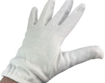 May include: A pair of white cotton gloves with a close-fitting wrist.