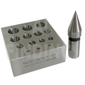 May include: A silver bezel block set with a conical punch. The block has 16 numbered holes ranging from 3mm to 16mm. The text "BEZEL BLOCK SET 3mm TO 16mm 17 DEGREE" is printed on the side. This set is for jewelry making.