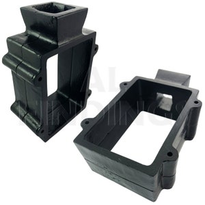 May include: Two black cast iron vent covers with a square opening. The vent covers are designed to be used in a wall or ceiling.