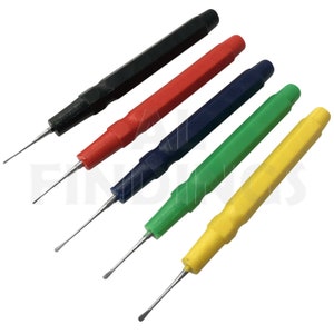 May include: Set of five small, pointed tools with black, red, blue, green, and yellow handles. The tools are used for precision work, such as watch repair.