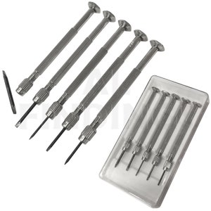 May include: Set of five silver-toned screwdrivers with different sized tips, packaged in a clear plastic case.