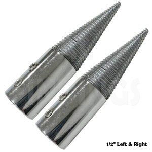 May include: Two silver metal tapered mandrels, each with a threaded end. The mandrels are 1/2 inch in diameter and are labeled "1/2" Left & Right".