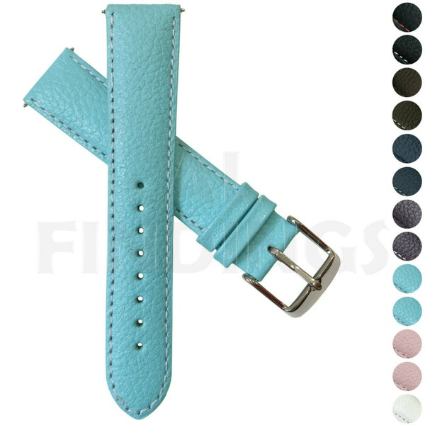 Genuine Leather Watch Strap SkyBlue/White Buffalo Grain Band Mens Ladies Padded SS Buckle (25)