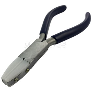 May include: A pair of silver-toned pliers with blue rubber handles and white plastic jaws. The pliers are designed for jewellery making.