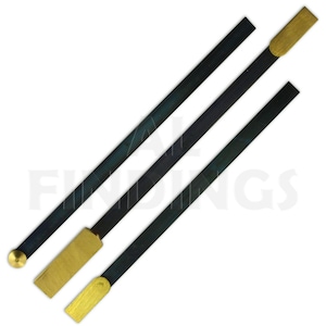May include: Three clock hands with different styles of ends. The hands are black with a blue tint and have gold accents. The hands are all different lengths.