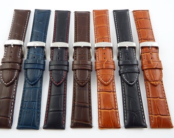 Genuine Leather Mock Croc Watch Strap Band Mens Crocodile Padded SS Buckle include free spring bar fitting tool (25)