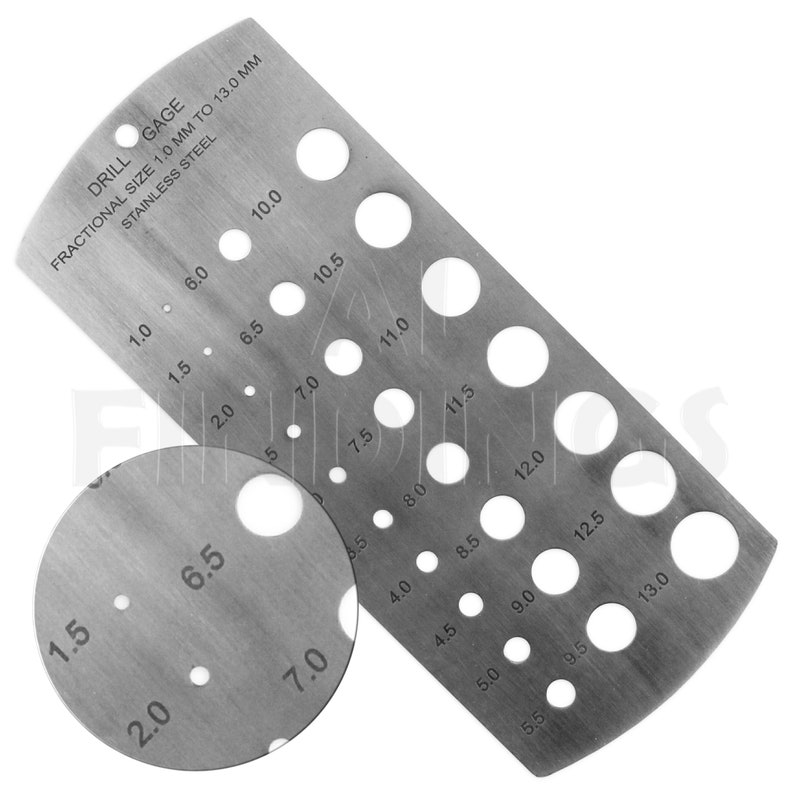 May include: A stainless steel drill gauge with a range of 1.0 mm to 13.0 mm. The gauge has a series of holes of different sizes, each labelled with its corresponding diameter.