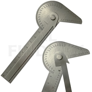 May include: Two stainless steel protractors with degree and millimetre markings. One protractor is fully extended, while the other is partially open. The protractors have a circular scale from 0 to 180 degrees and a ruler with millimetre increments.