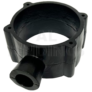 May include: A black plastic pipe fitting with a circular main body and a smaller, angled outlet. The fitting has three mounting holes and a split design for easy installation. The product is designed for plumbing applications.