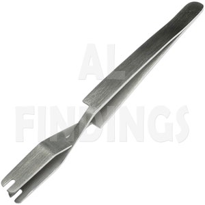 May include: A pair of stainless steel tweezers with a bent, angled tip. The tweezers have a textured finish and are designed for precision work.