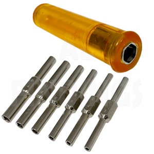 May include: A set of six silver screwdriver bits with a yellow plastic handle. The bits are labelled with sizes 2, 4, 6, 8, 10, and 12.