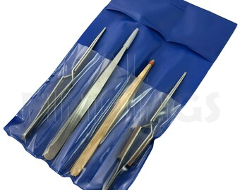 May include: Set of four tweezers in a blue pouch. The tweezers are made of metal and have different tip styles. The pouch is made of blue fabric and has a clear plastic window.