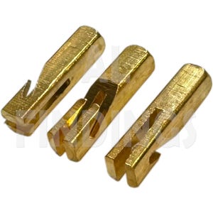 May include: Three gold-colored metal electrical connectors with a unique design. The connectors have a small, pointed end and a larger, flat end.