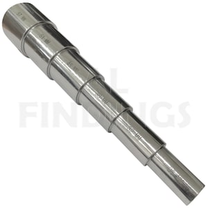 May include: A set of five silver metal ring mandrels, each with a different diameter. The mandrels are nested inside each other, with the largest mandrel at the top and the smallest mandrel at the bottom. The mandrels are labeled with their diameters in millimeters: 57 mm, 51 mm, 45 mm, 38 mm, and 32 mm.