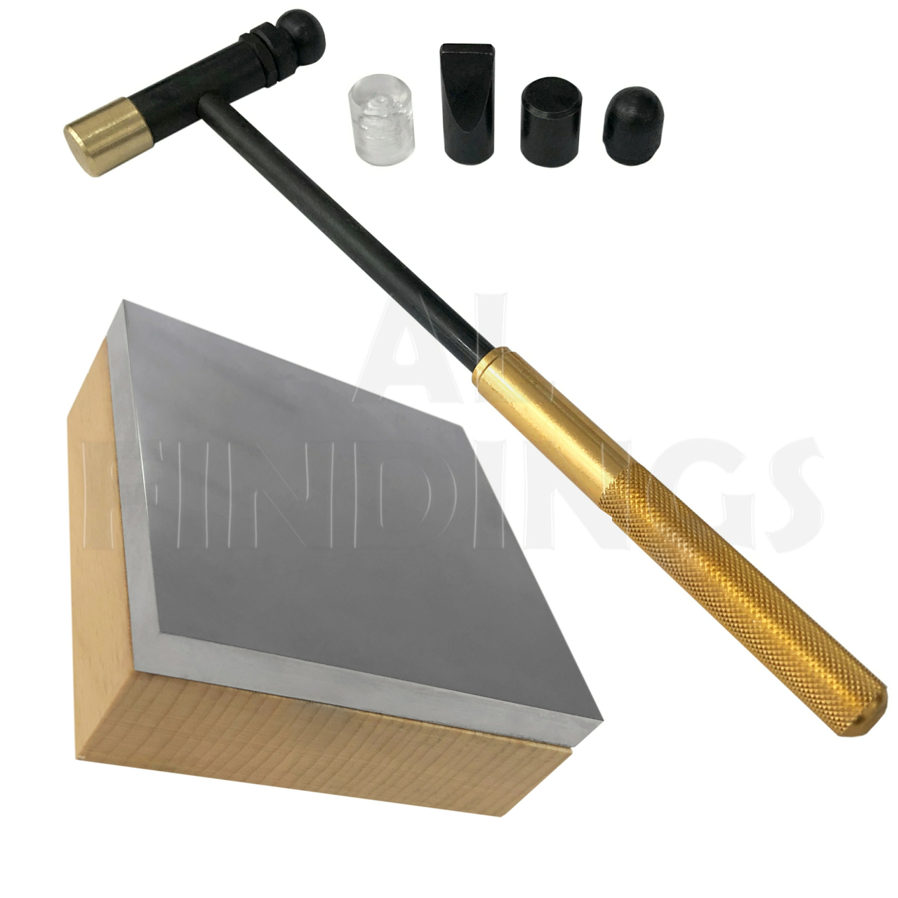 Jewellers Silversmith Flat Bench Anvil & 6 Part Hammer Set : Tool Doming Dapping 3" x 3" x 1.5" Steel, Wooden