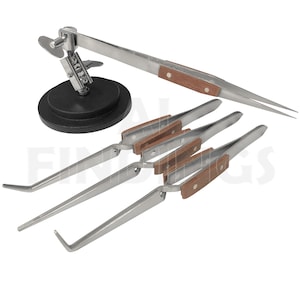 May include: A set of four tweezers with wooden handles and a metal stand. The tweezers have different tip shapes and are ideal for delicate tasks.