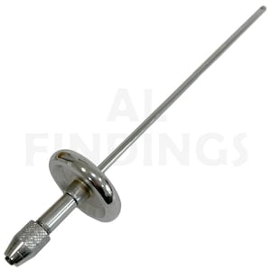 May include: A silver metal drill chuck with a long, thin shaft. The chuck has a knurled handle and a round, flat base.