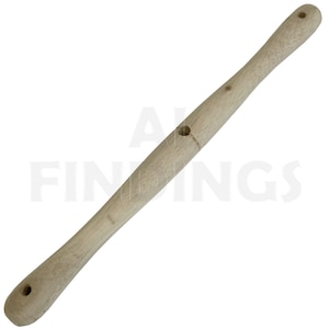 May include: A wooden dowel rod with two holes drilled through it. The rod is approximately 12 inches long and is made of light brown wood.