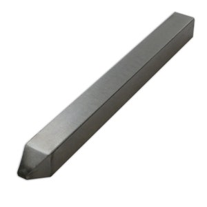 May include: A silver metal turning tool with a pointed tip. The tool is rectangular in shape and has a brushed finish.