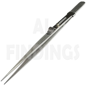 May include: Silver-toned tweezers with a locking mechanism. The tweezers have a straight, flat tip and a textured grip.