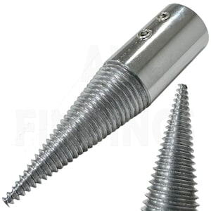 May include: A silver metal tapered mandrel with a threaded shaft and a smooth, cylindrical end. The mandrel is designed for use with a lathe or other woodworking tools.