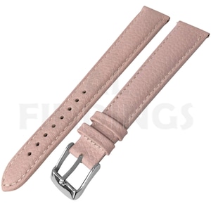 May include: A light pink leather watch strap with white stitching and a silver buckle.