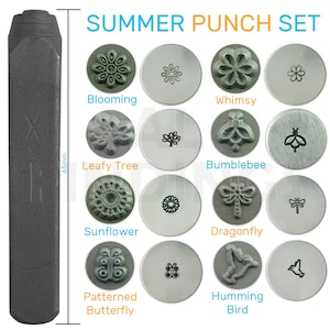 Set of 8 Summer Metal Punch Stamps - Blooming/ Whimsy/ Leafy Tree/ Sunflower/ Bumblebee/ Dragonfly/ Pattern Butterfly/ Humming Bird (490)