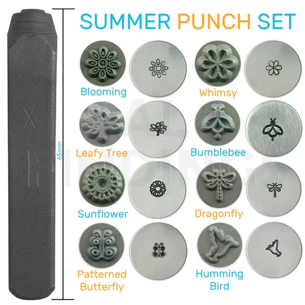 Set of 8 Summer Metal Punch Stamps - Blooming/ Whimsy/ Leafy Tree/ Sunflower/ Bumblebee/ Dragonfly/ Pattern Butterfly/ Humming Bird (490)