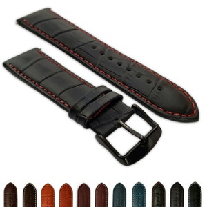 May include: Black leather watch strap with red stitching. The strap has a crocodile pattern and a black buckle.