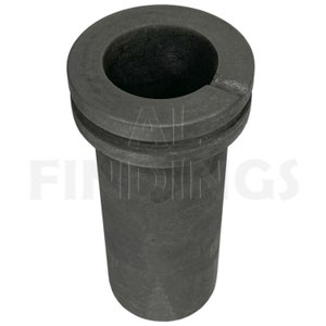 May include: A grey graphite crucible with a round top and a cylindrical body. The crucible is used for melting metal.