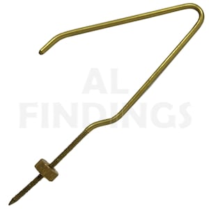 May include: A gold-colored metal hook with a screw thread and a nut. The hook is bent into a triangular shape and is designed to be attached to a surface.