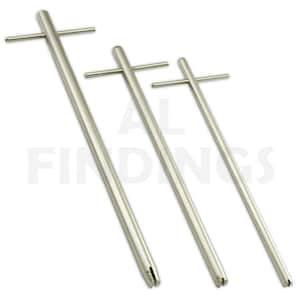 May include: Three silver-colored metal tools with a T-shaped handle. The tools are of varying lengths and have a slotted end. The image has the text "AL FINDINGS" in the background.