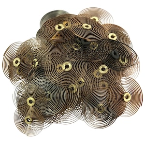 May include: A collection of watch springs in various shades of gold, bronze, and black. Each spring is a tightly wound spiral with a central hole and a small brass-colored attachment. The springs are scattered against a white background.