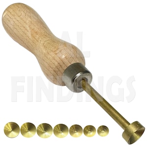 May include: A wooden handled tool with a metal tip for creating decorative circles. The tool is shown with a set of eight brass circles of varying sizes.