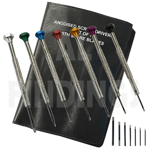 May include: Set of 7 anodised screwdriver tools with coloured handles and a leather case. The case has the text "Anodised Screw Driver with Set of 7 Precision Blades".