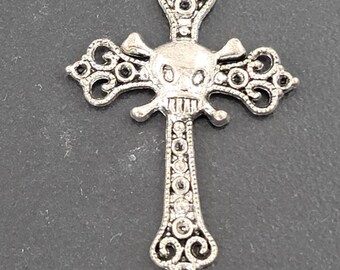 Cross Pendant with Skull Crossbones 2 Pieces Filigree Silver Tone Gothic