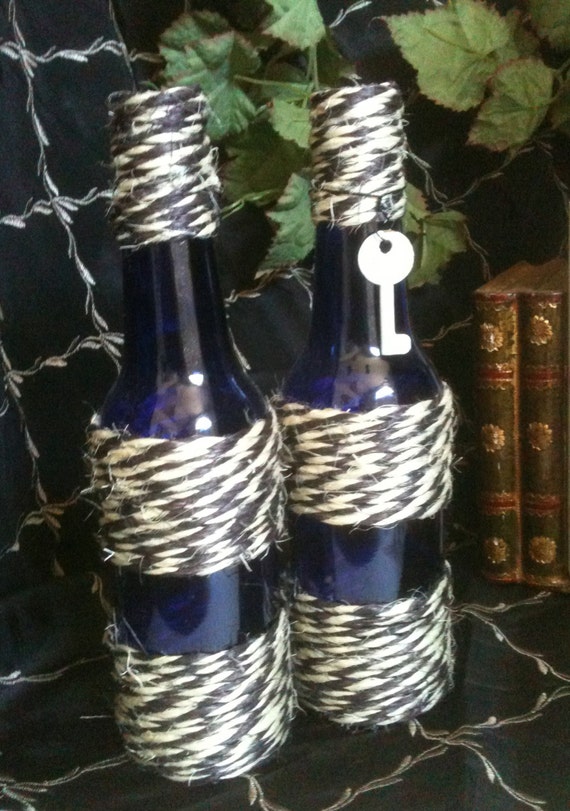 Items similar to Twine Wrapped Twin Bottles Cobalt Blue with Dangling ...