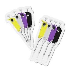 May include: Two sticker designs featuring a set of four laboratory micropipettes arranged in a row. Each pipette has a distinct colour: yellow, light grey, purple, and black. The instruments include a plunger, a handle, and a thin nozzle tip.
